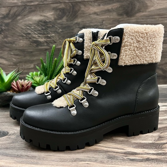 NIB Steve Madden Aniko Faux Fur Lace Up Faux Leather Winter Combat Boots - Picture 4 of 13